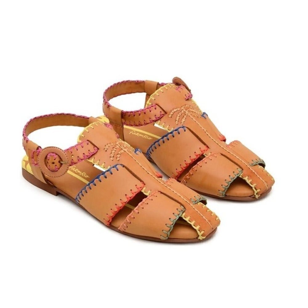 FARM Rio Sz 8 Whipstitch Palm Tree Caramel Sandal Vegan Boho Tropical NWOB